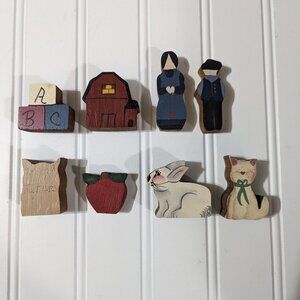 Lot Of 8 Amish Hand Crafted Folk Art Wood Figures Country Rustic Primitive Z
